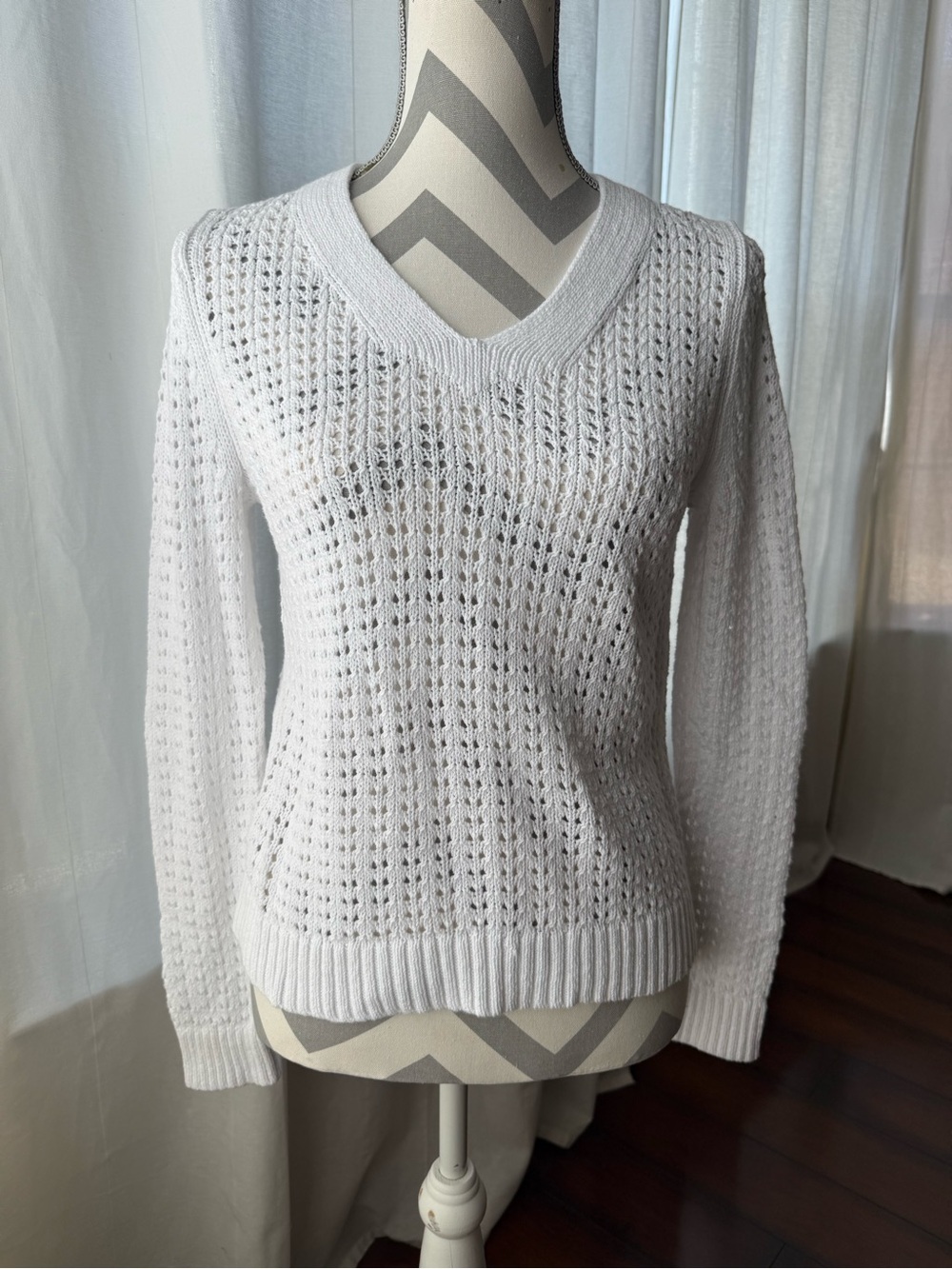 Talbots White Open-Knit V-Neck Sweater